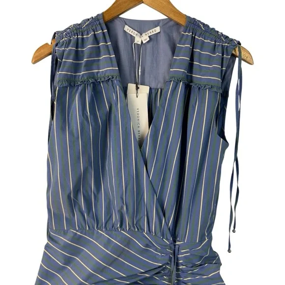 NWT Veronica Beard Teagan Stripe Ruched V-Neck Midi Dress Blue Size 6 Side Slit - Picture 3 of 16